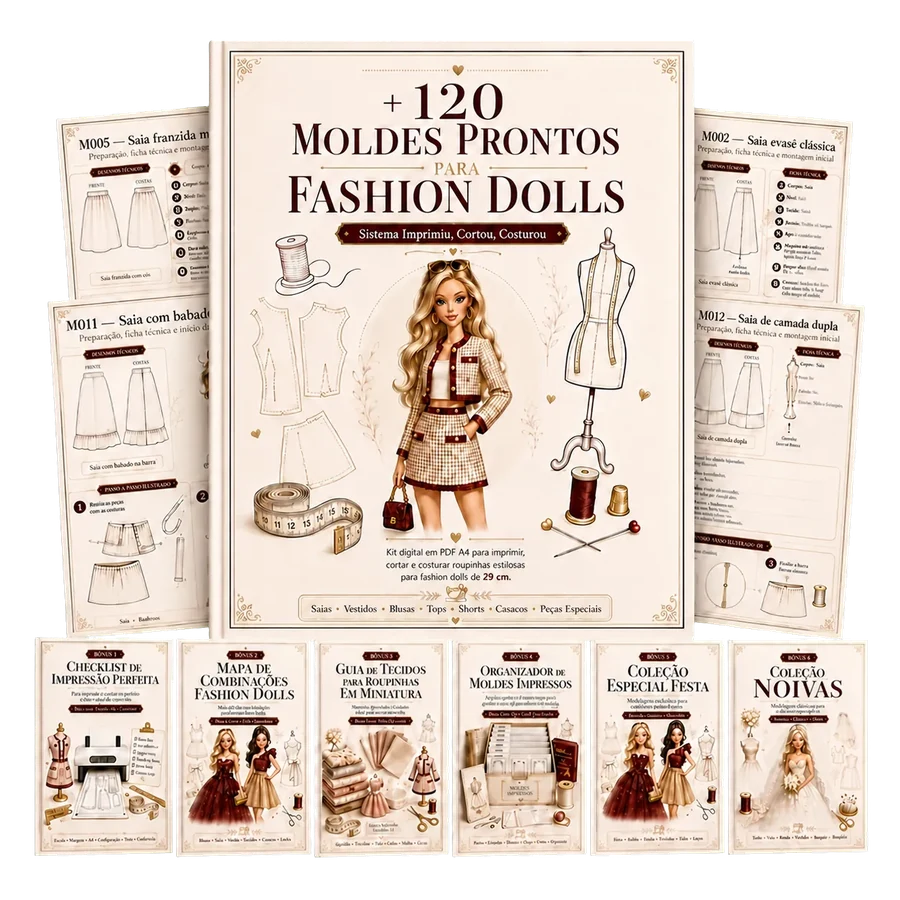 Mockup completo dos Moldes Prontos para Fashion Dolls e todos os b&ocirc;nus