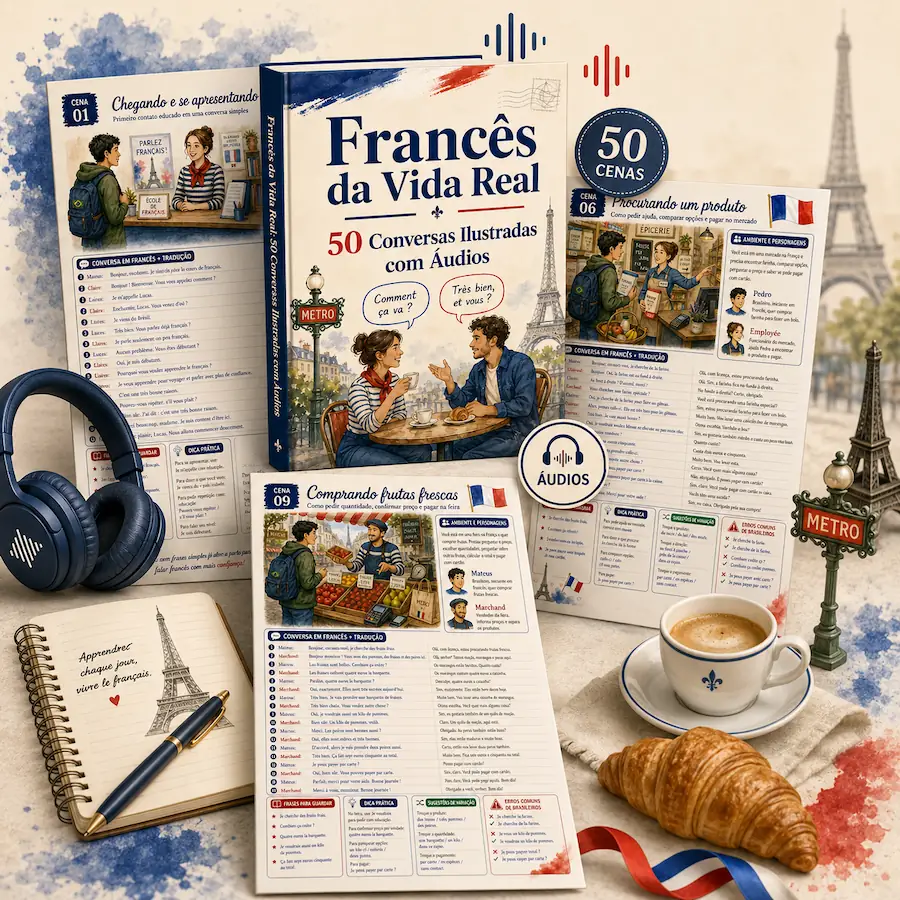 Mockup do Francês da Vida Real com ebook ilustrado e áudios