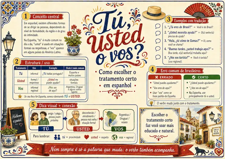 Página ilustrada com frases e exemplos de espanhol